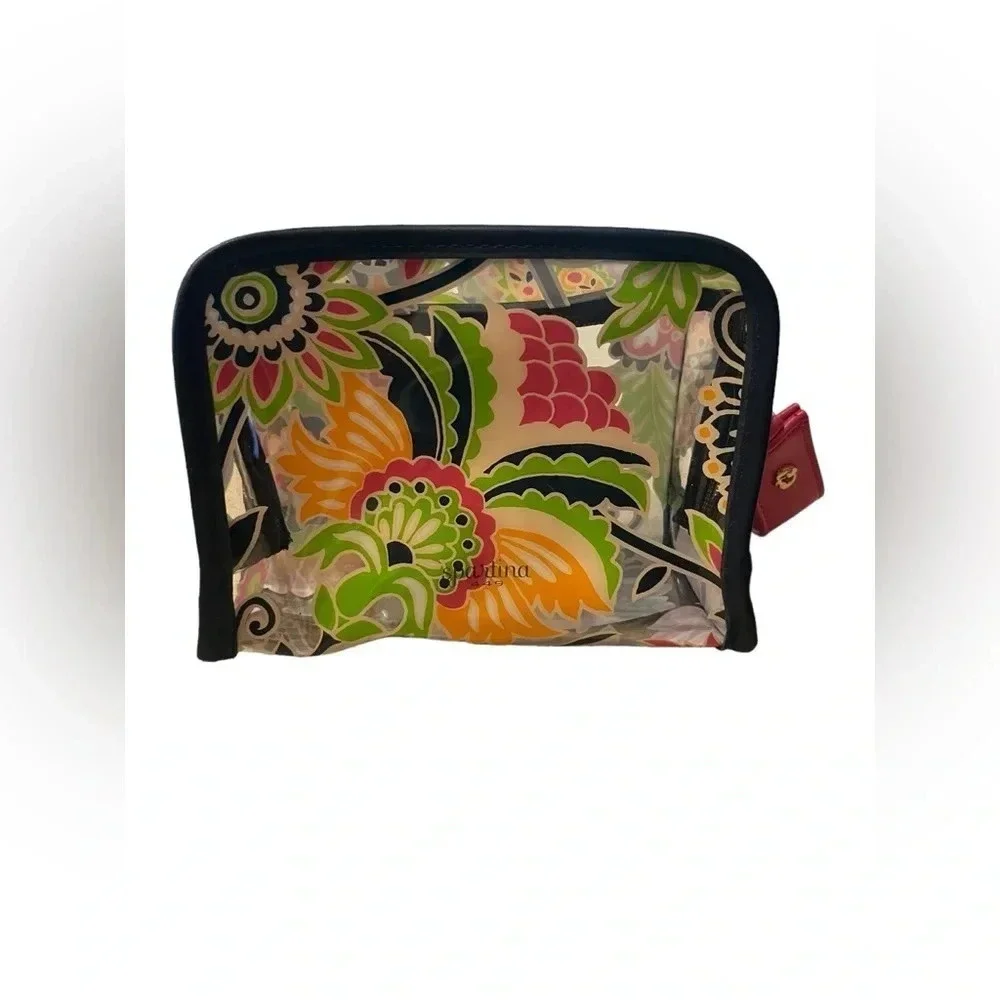 Spartina 449 Clear Colorful Floral Cosmetic Makeup Kit Leather Strap Zipper